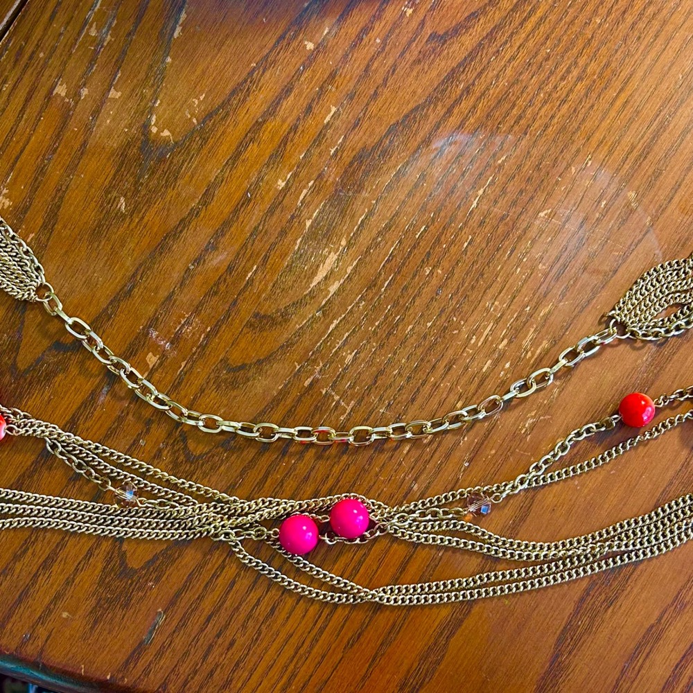 Fabulous Jules Multi Strand Layered Gold Tone Necklace Pink Coral Beads Boho NEW - Picture 4 of 6